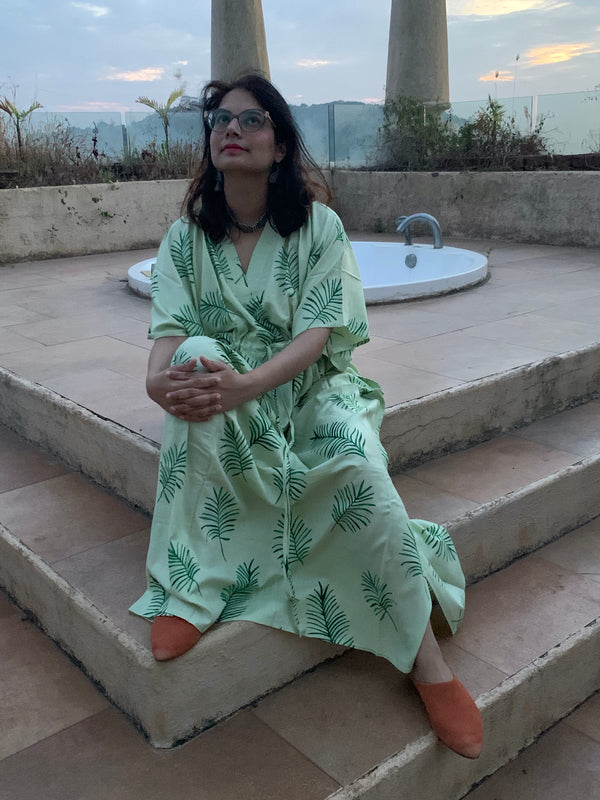 Tropical Delight V-Neck, Cinched Waist Ankle Length Caftan