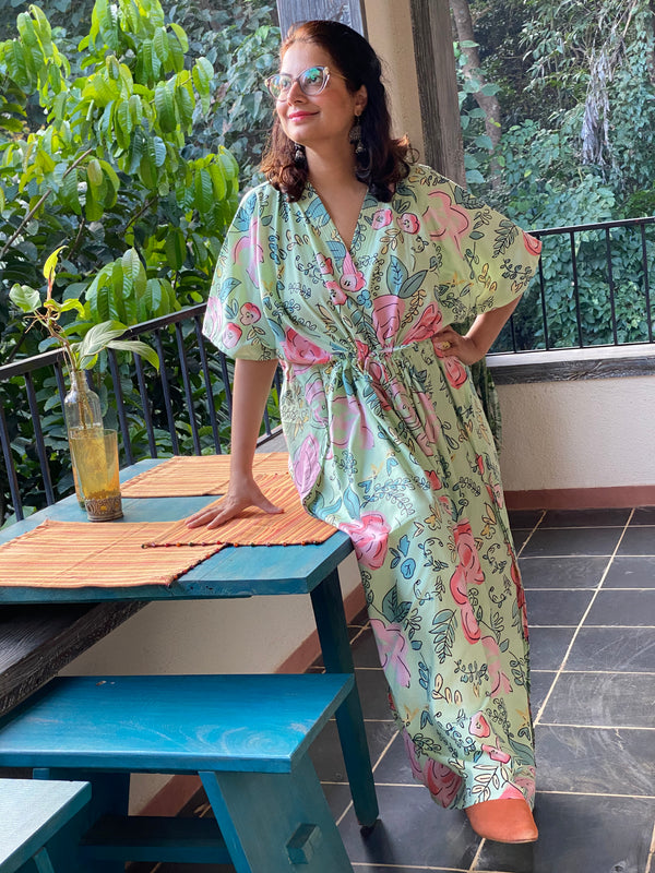 Whimsical Giggles V-Neck, Cinched Waist Ankle Length Caftan