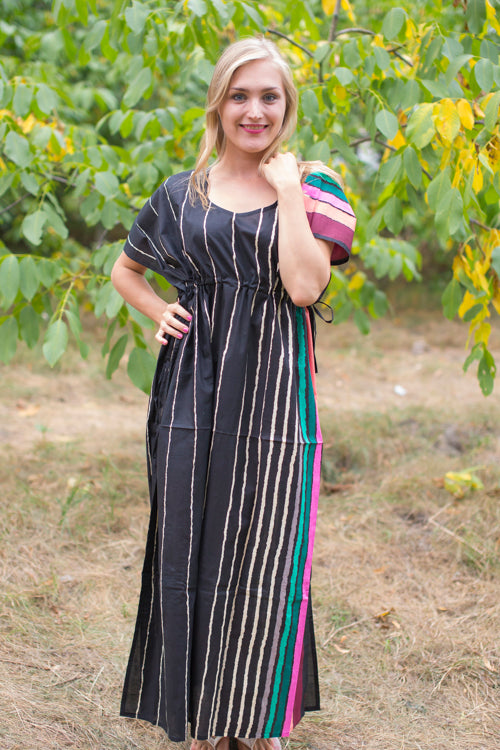Black Side Strings Sweet Style Caftan in Multicolored Stripes Pattern
