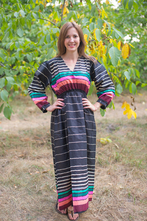 Black Shape Me Pretty Style Caftan in Multicolored Stripes Pattern