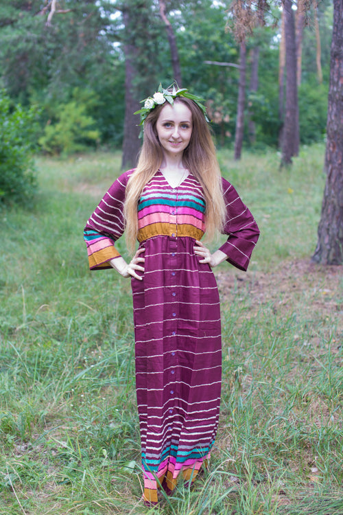 Burgundy Button Me Down Style Caftan in Multicolored Stripes Pattern