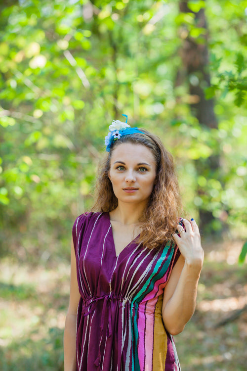 Burgundy Magic Sleeves Style Caftan in Multicolored Stripes Pattern