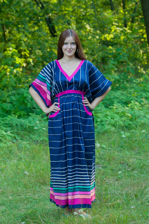 Dark Blue Breezy Bohemian Style Caftan in Multicolored Stripes Pattern