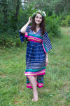 Dark Blue High Low Wind Flow Style Caftan in Multicolored Stripes Pattern