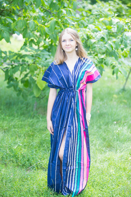 Dark Blue Beach Days Style Caftan in Multicolored Stripes