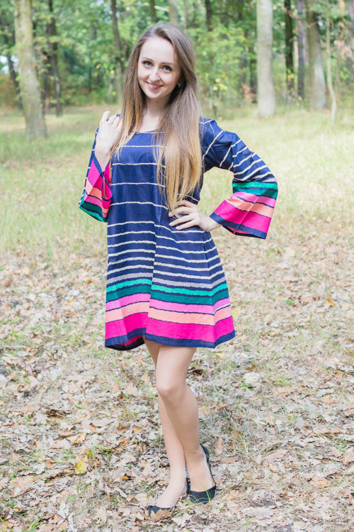 Dark Blue Bella Tunic Style Caftan in Multicolored Stripes Pattern