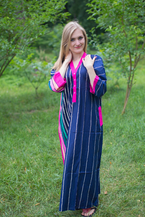Dark Blue Simply Elegant Style Caftan in Multicolored Stripes Pattern