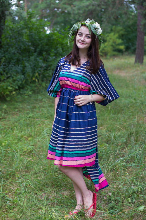 Dark Blue High Low Wind Flow Style Caftan in Multicolored Stripes Pattern