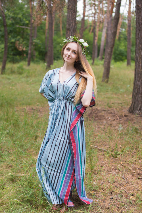 Gray Timeless Style Caftan in Multicolored Stripes Pattern