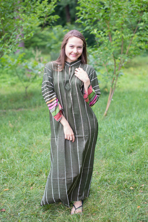Green Mandarin On My Mind Style Caftan in Multicolored Stripes Pattern