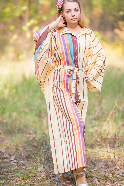 Light Yellow Oriental Delight Style Caftan in Multicolored Stripes Pattern