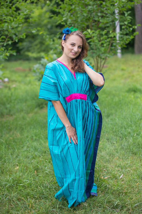 Teal Unfurl Style Caftan in Multicolored Stripes Pattern