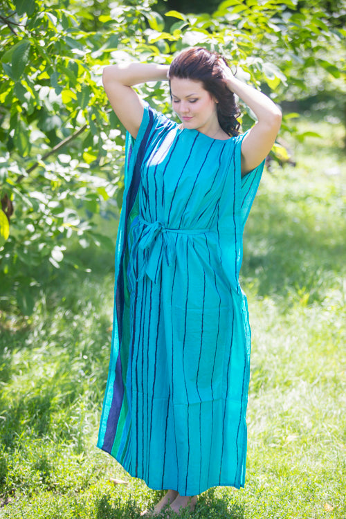 Teal Divinely Simple Style Caftan in Multicolored Stripes Pattern