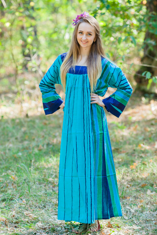 Teal Fire Maiden Style Caftan in Multicolored Stripes Pattern