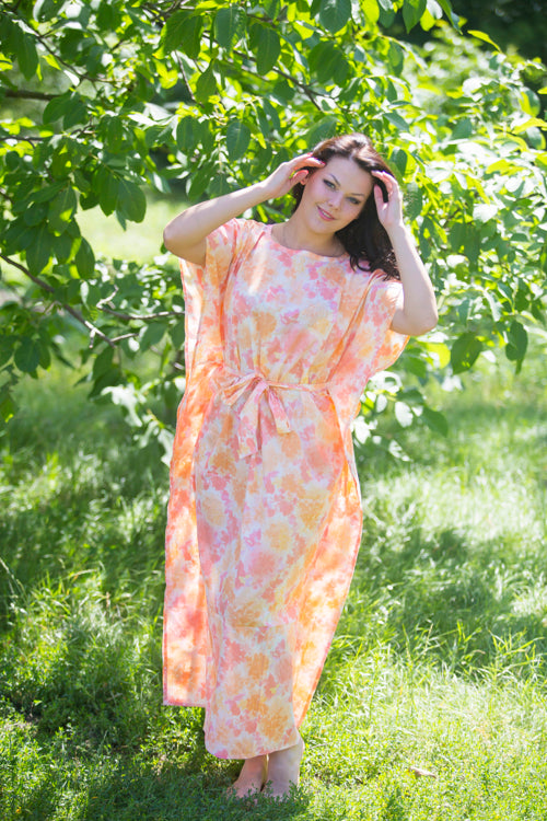 Peach Divinely Simple Style Caftan in Ombre Fading Leaves Pattern