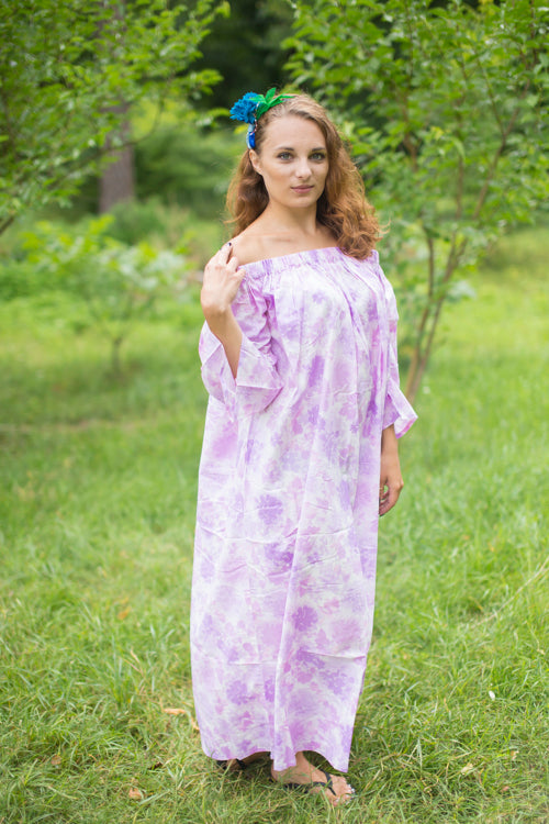 White-Lilac Serene Strapless Style Caftan in Ombre Fading Leaves Pattern
