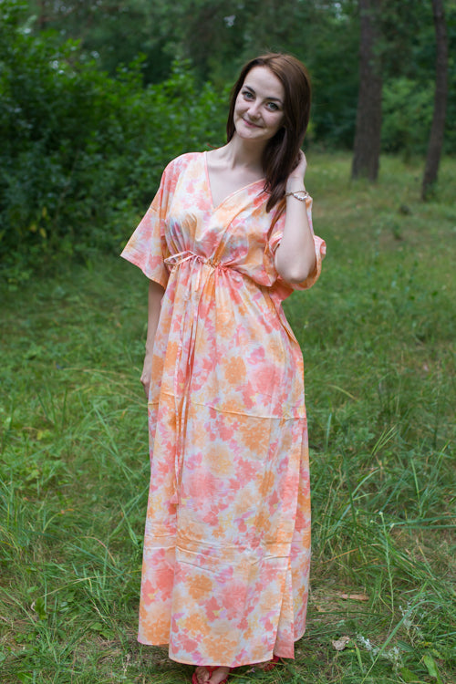 White Peach Timeless Style Caftan in Ombre Fading Leaves Pattern