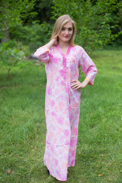 White Pink Simply Elegant Style Caftan in Ombre Fading Leaves Pattern