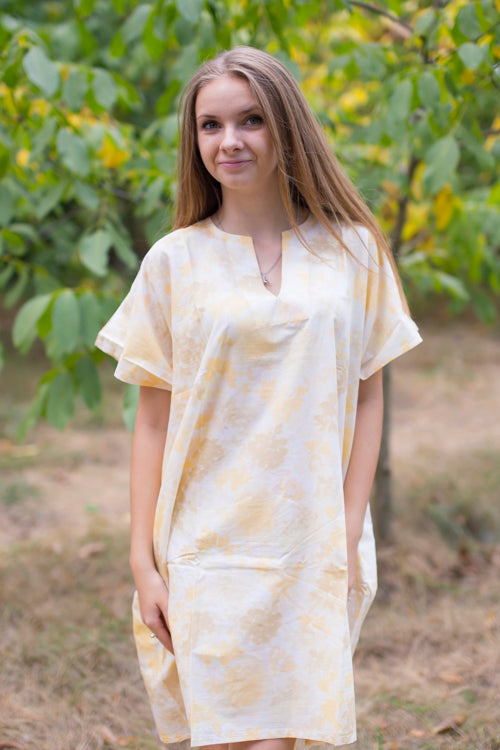 Yellow Sunshine Style Caftan in Ombre Fading Leaves Pattern