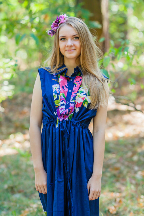 Navy Blue Cool Summer Style Caftan in One Long Flower Pattern