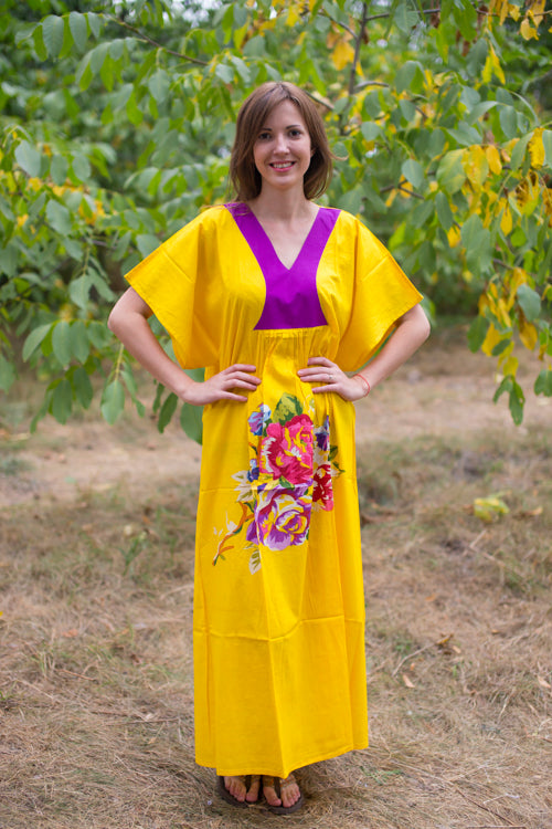 Yellow Flowing River Style Caftan in One Long Flower Pattern