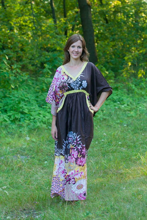 Brown Breezy Bohemian Style Caftan in Vibrant Foliage Pattern