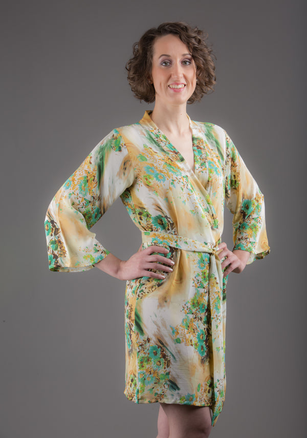 Light Yellow Silk Digital Print Floral Knee Length, Kimono Crossover Belted Robe
