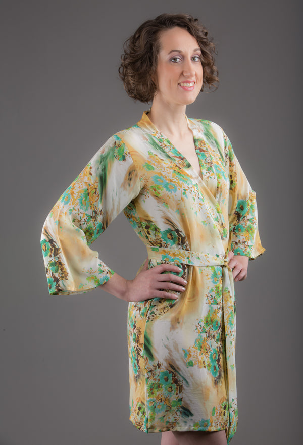 Light Yellow Silk Digital Print Floral Knee Length, Kimono Crossover Belted Robe