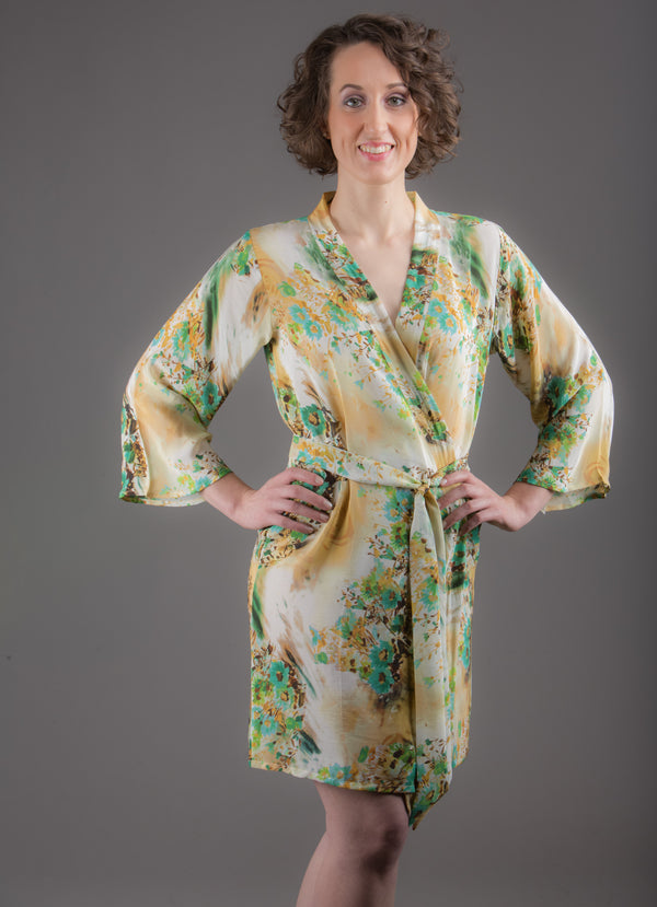 Light Yellow Silk Digital Print Floral Knee Length, Kimono Crossover Belted Robe