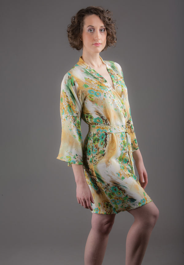 Light Yellow Silk Digital Print Floral Knee Length, Kimono Crossover Belted Robe