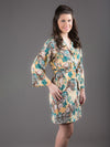 Light Yellow Silk Digital Print Floral Knee Length, Kimono Crossover Belted Robe