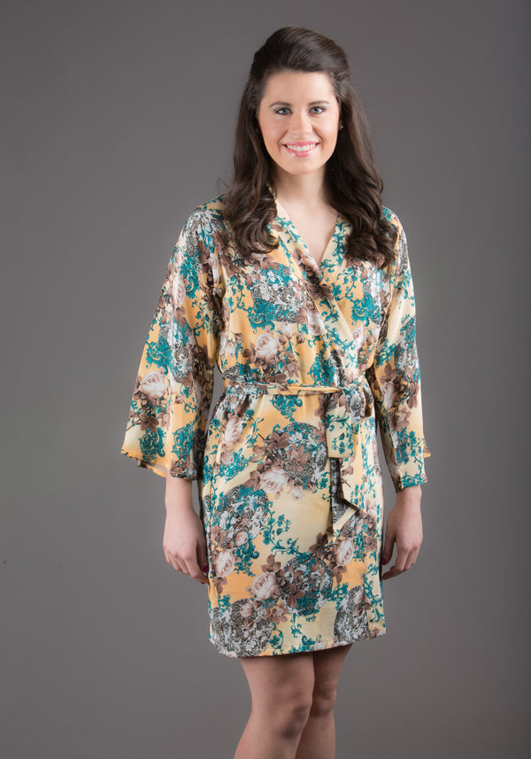 Light Yellow Silk Digital Print Floral Knee Length, Kimono Crossover Belted Robe