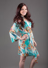 Blue Silk Digital Print Floral Knee Length, Kimono Crossover Belted Robe