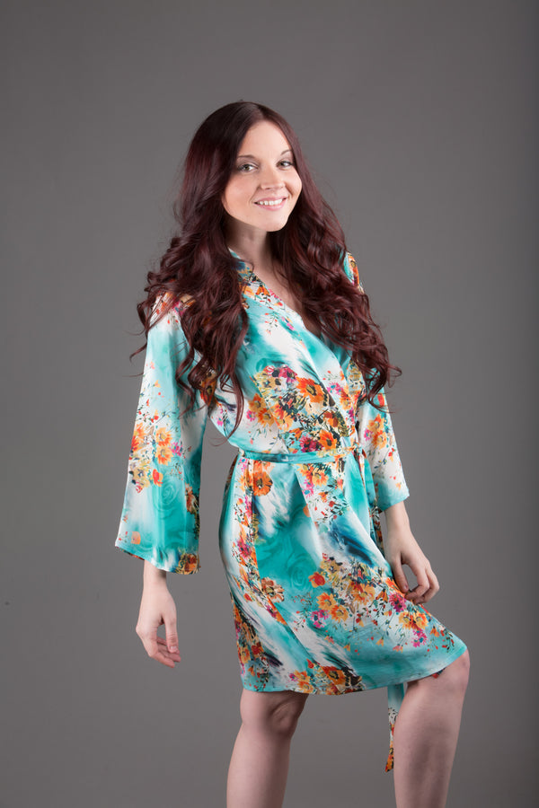 Blue Silk Digital Print Floral Knee Length, Kimono Crossover Belted Robe