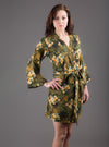Green Silk Digital Print Floral Knee Length, Kimono Crossover Belted Robe