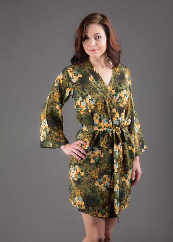 Green Silk Digital Print Floral Knee Length, Kimono Crossover Belted Robe