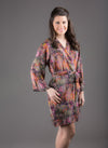Multicolored Silk Digital Print Floral Knee Length, Kimono Crossover Belted Robe