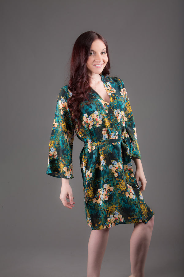 Green Silk/Cotton Blend Digital Print Floral Knee Length, Kimono Crossover Belted Robe