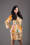 Peach Silk Digital Print Floral Knee Length, Kimono Crossover Belted Robe