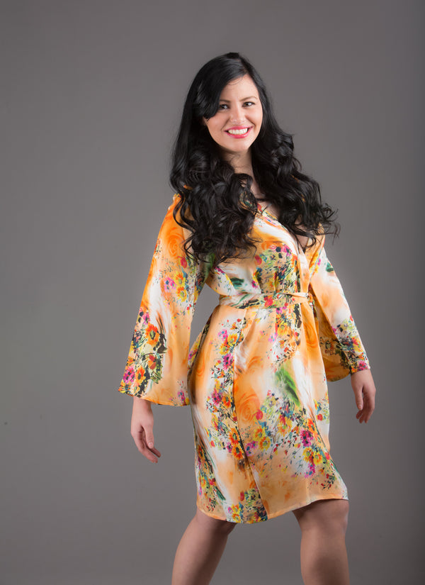 Peach Silk Digital Print Floral Knee Length, Kimono Crossover Belted Robe