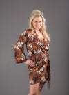 Brown Silk Digital Print Floral Knee Length, Kimono Crossover Belted Robe