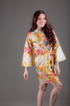 Yellow Floral Silk/Cotton Blend Digital Print Floral Knee Length, Kimono Crossover Belted Robe