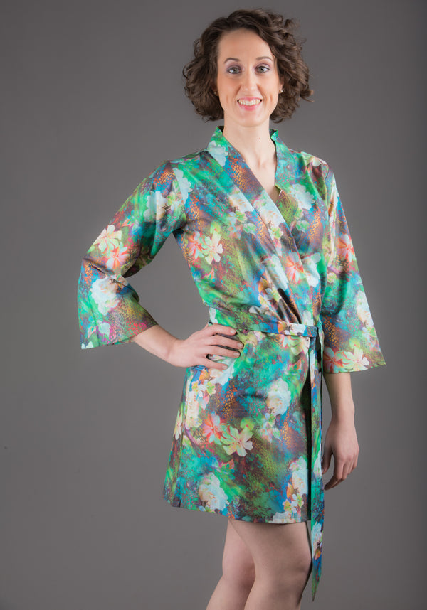 Green Silk/Cotton Blend Digital Print Floral Knee Length, Kimono Crossover Belted Robe