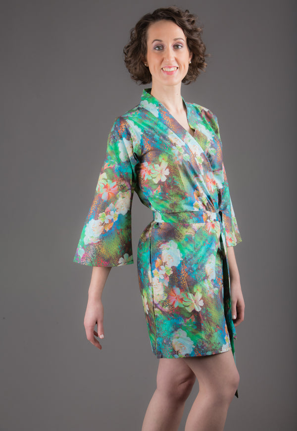 Green Silk/Cotton Blend Digital Print Floral Knee Length, Kimono Crossover Belted Robe