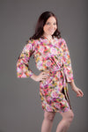 Fuchsia Floral Silk/Cotton Blend Digital Print Floral Knee Length, Kimono Crossover Belted Robe