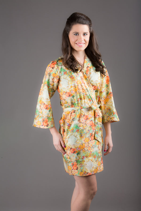 Yellow Silk/Cotton Blend Digital Print Floral Knee Length, Kimono Crossover Belted Robe