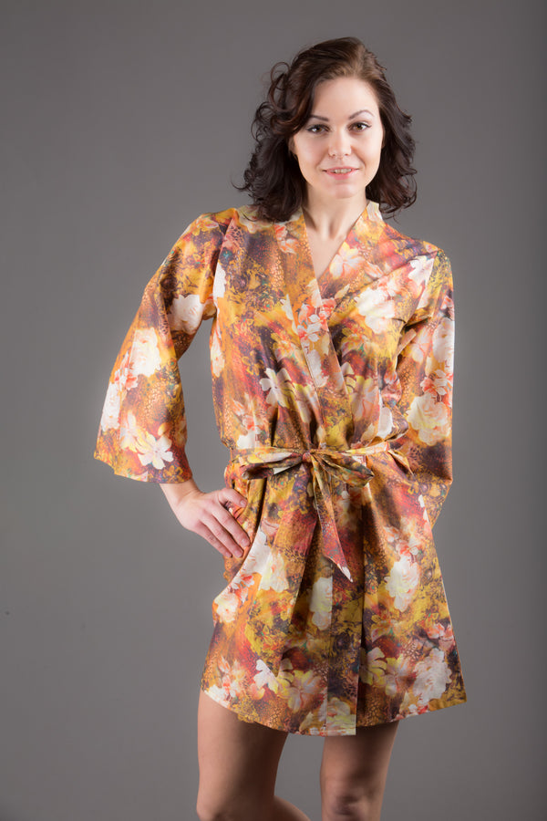 Brown Silk/Cotton Blend Digital Print Floral Knee Length, Kimono Crossover Belted Robe