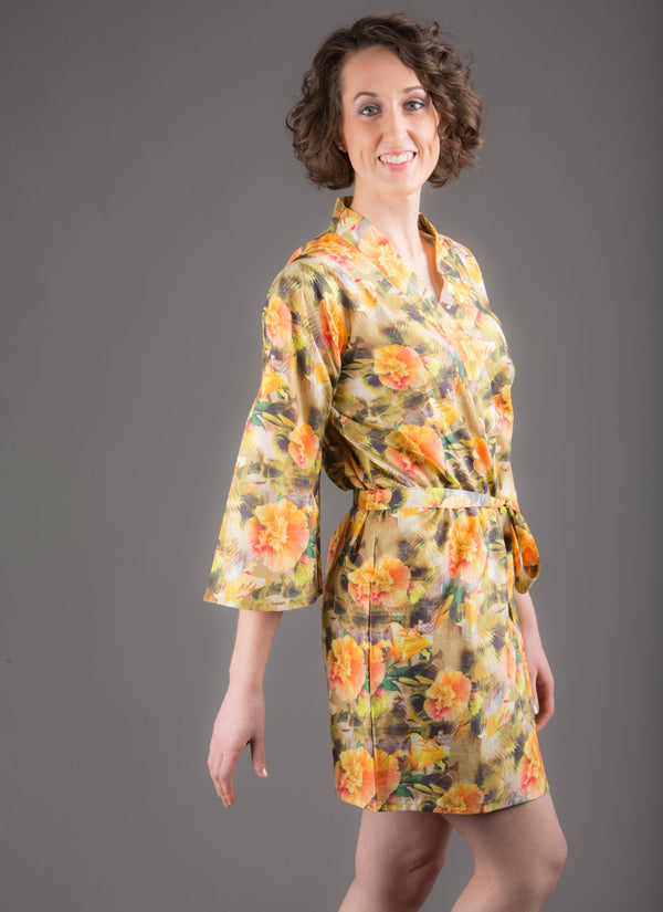Mustard Green Silk/Cotton Blend Digital Print Floral Knee Length, Kimono Crossover Belted Robe