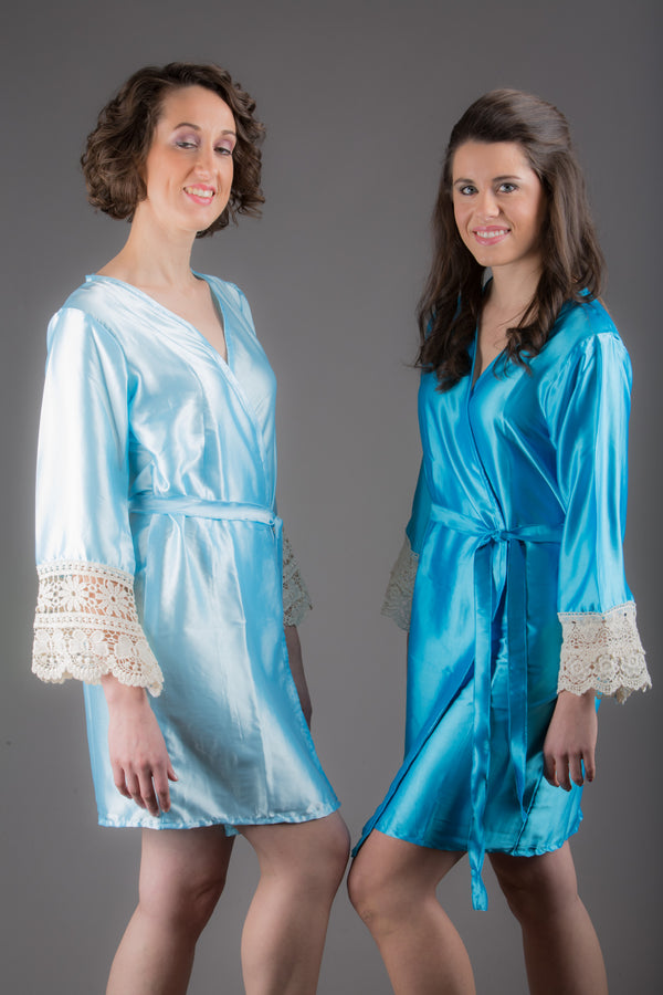 Light Blue Satin Robe with Ivory Lace Accented Cuffs