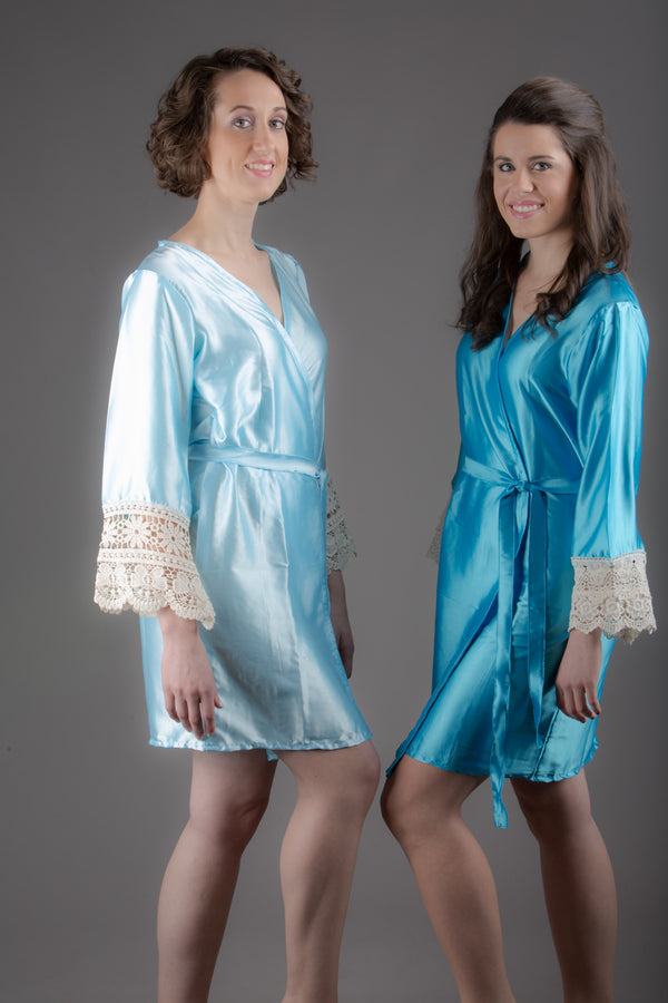 Light Blue Satin Robe with Ivory Lace Accented Cuffs